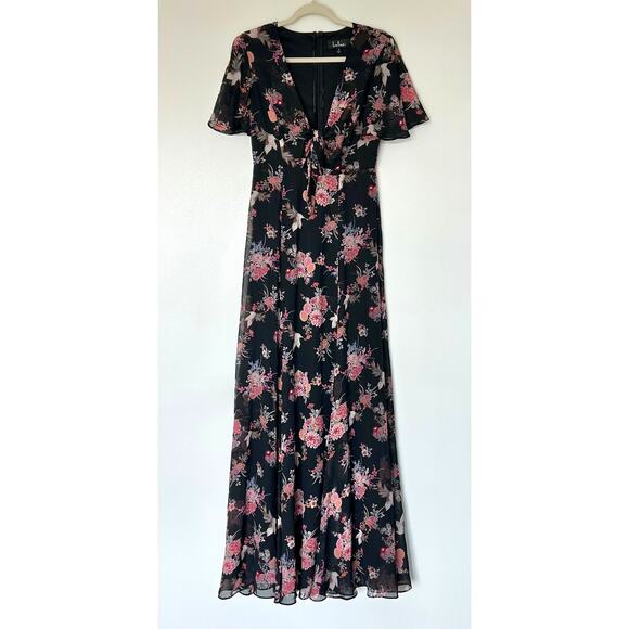 EUC Lulus Wings of Love‎ Black Pink Floral Print Tie Front Maxi Dress Size Small - Picture 11 of 16